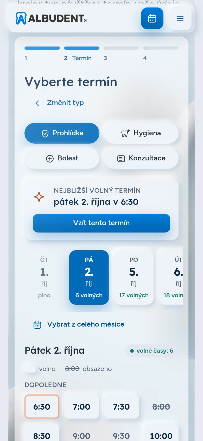 Výběr termínu na mobilu